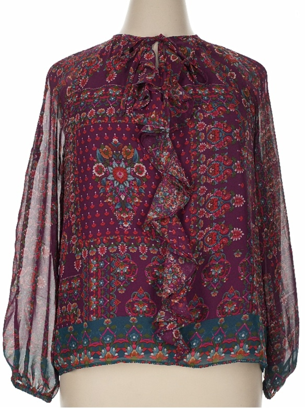 NWT 1. STATE Purple Floral Sheer Long Sleeve Ruffle Front Blouse Size X-Large - Picture 3 of 5